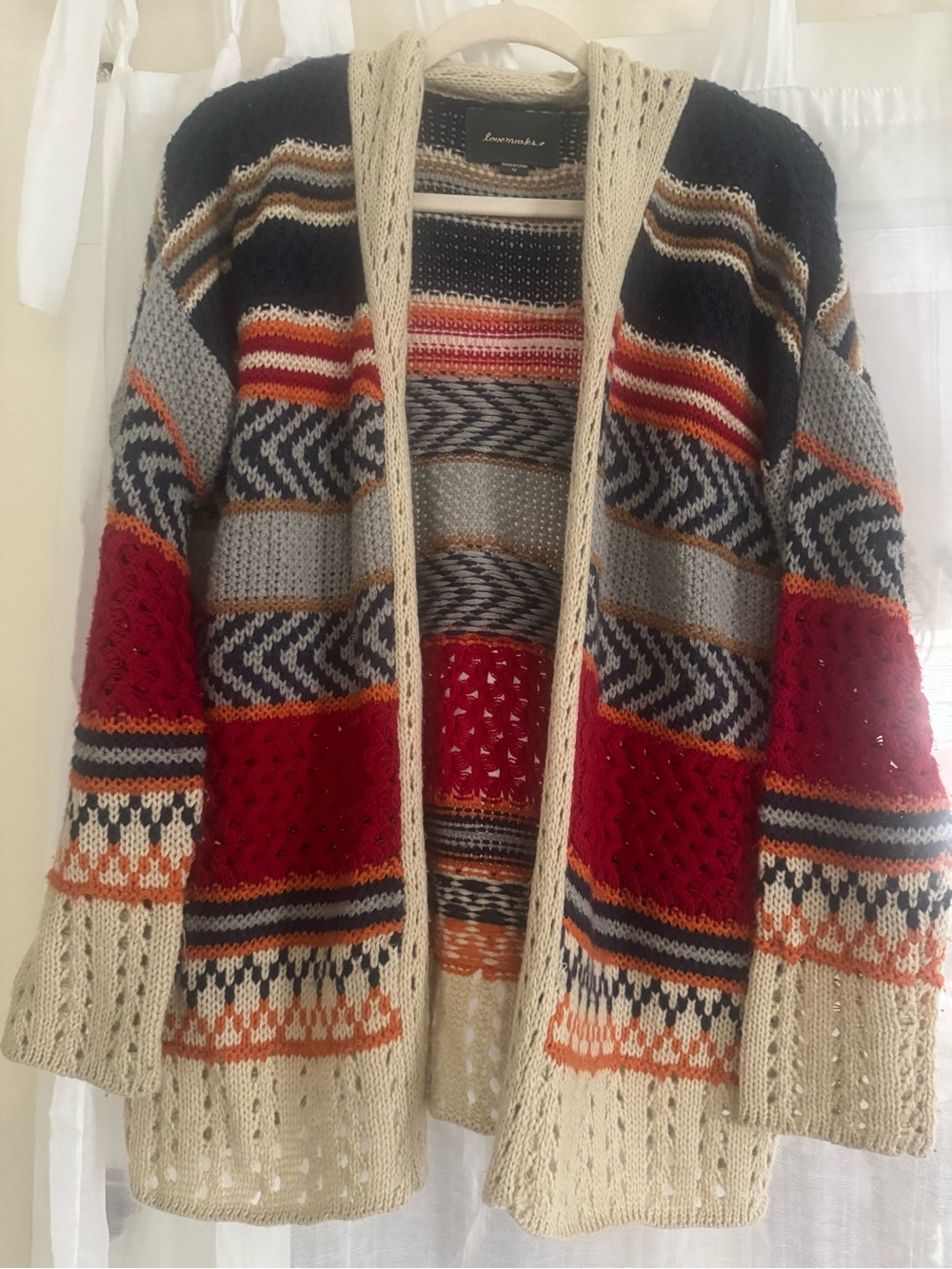 Open-Front Multicolor Knit Cardigan - Red/Gray/Natural